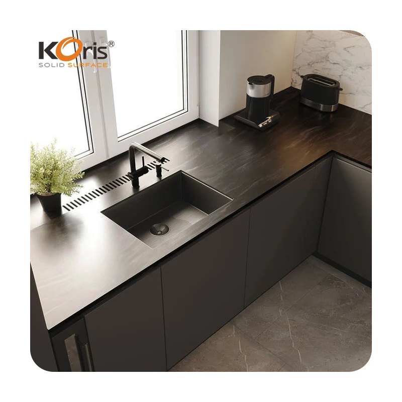 Koris Wholesale Artificial Stone Sheet Big Slab Black  Kitchen Top Countertops Acrylic Solid Surface Sheet