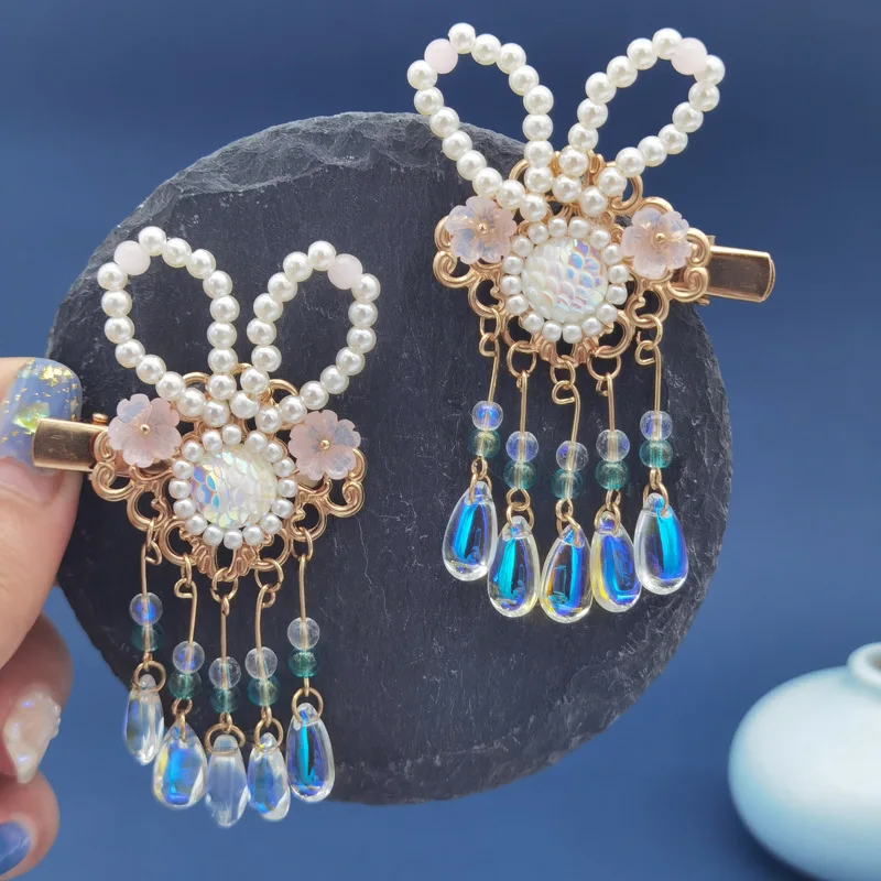 Китайские антикварные заколки Hanfu с кисточками заколка для волос милые аксессуары зажим кроличьими жемчужинами пара