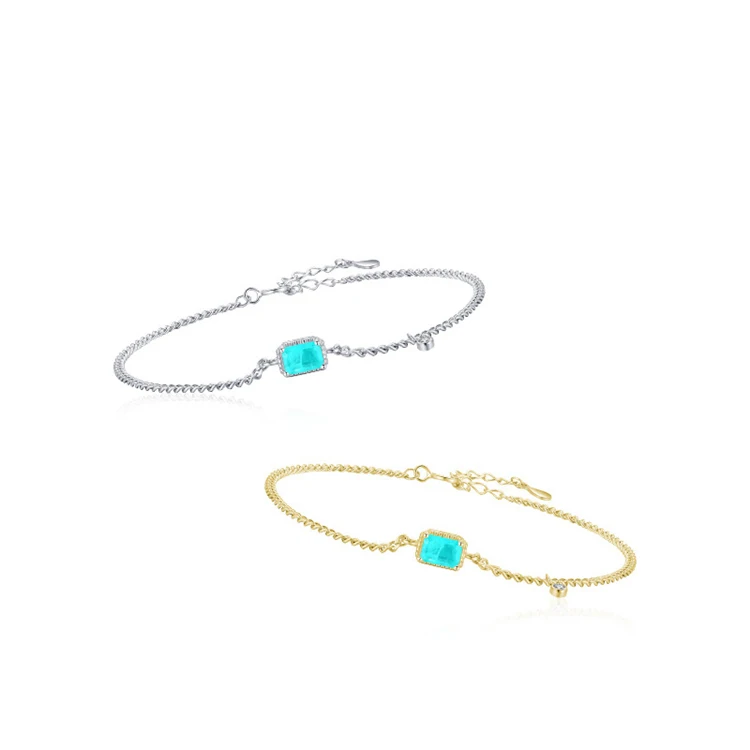 Hot Wholesale 925 Sterling Silver Gold Plated Geometric Square Stone Gemstone  Paraiba Tourmaline Bracelet