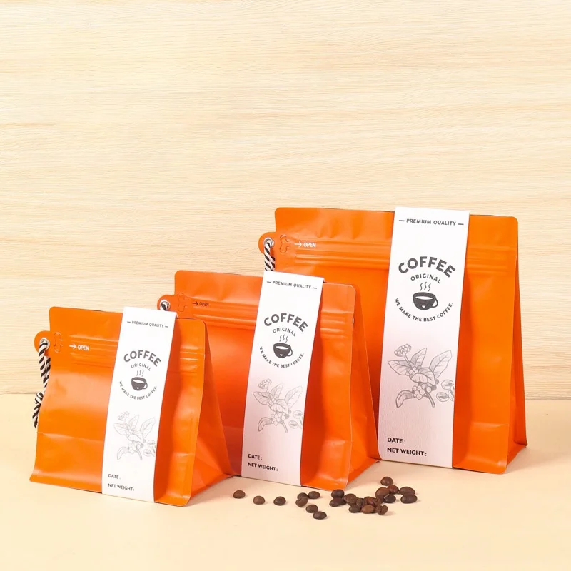 Custom Packaging Colored Valve Coffee Beans Resealable Bag 500G 250G 200G 100G Flat Bottom Zipper Stand Up Pouch With Lanyard