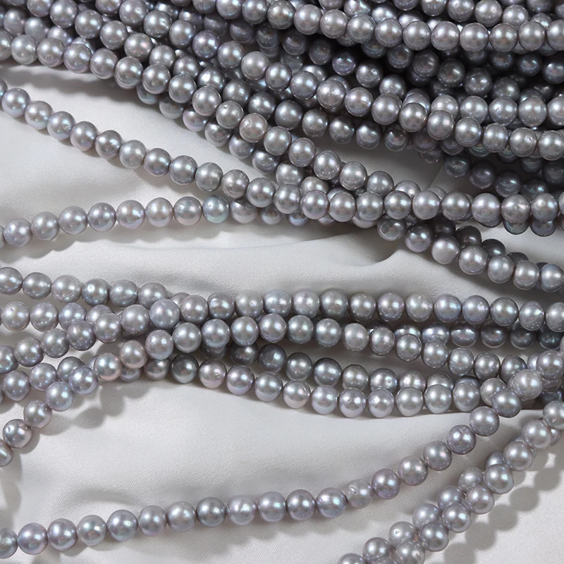 Hot Selling 5-6mm Natural Freshwater Pearl Nucleated Gray Near Round Beads Cultured Pearls Akoya