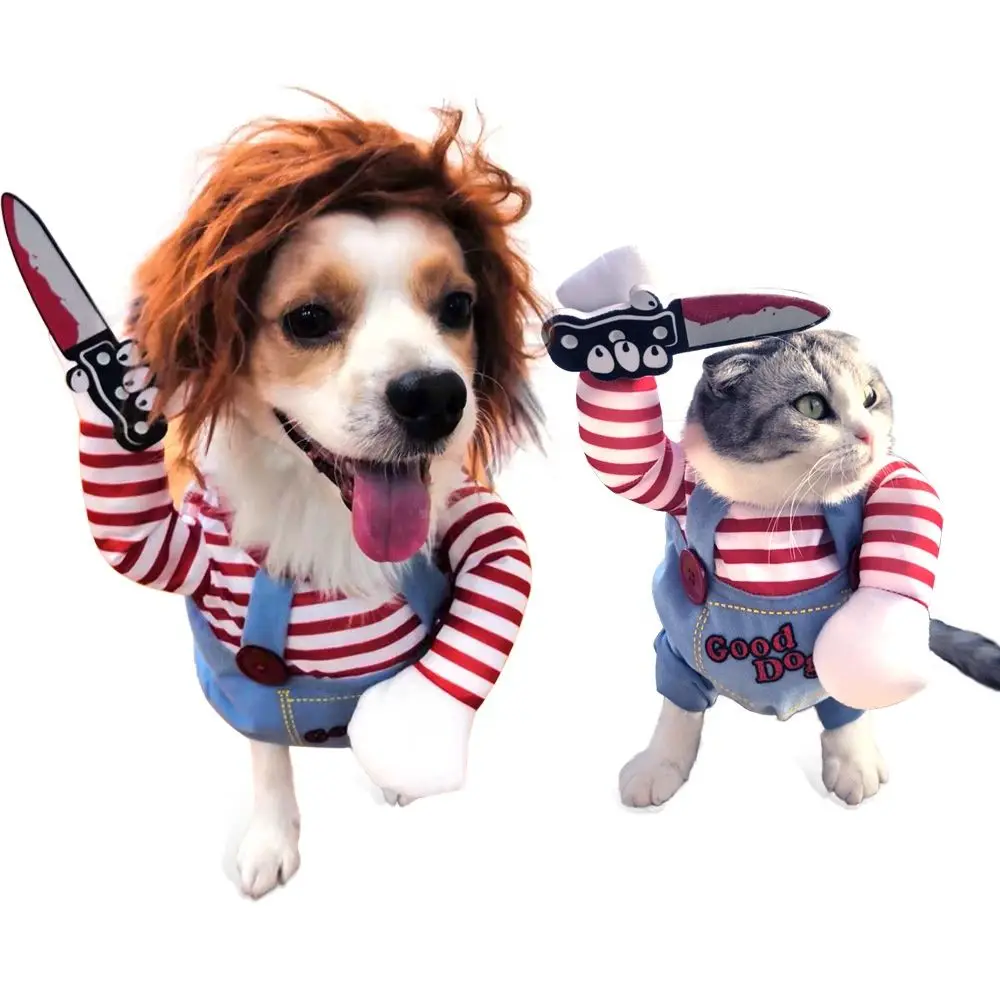 The latest hot Halloween pet costumesFunny Pet Chucky Dog Clothes Chuckyy Doll Holding A Knife Halloween Pet Dog Costume