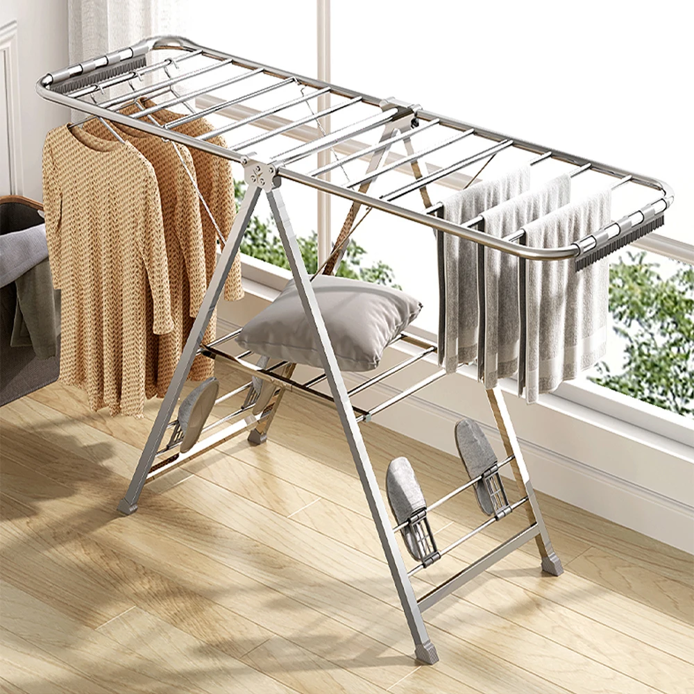 Stainless Steel Foldable Gullwing Clothes Drying Rack Space-Saving with Bonus Sock Clips for Bathroom Use