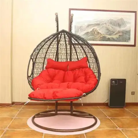 High quality double pole bracket outdoor garden rattan swing double hanging chair with big cushion