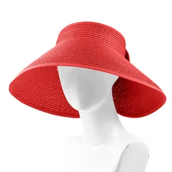 Fashion Women Wide Brim Empty Top Foldable Girl Straw Beach Hats Women Straw Summer Bow Visor Cap