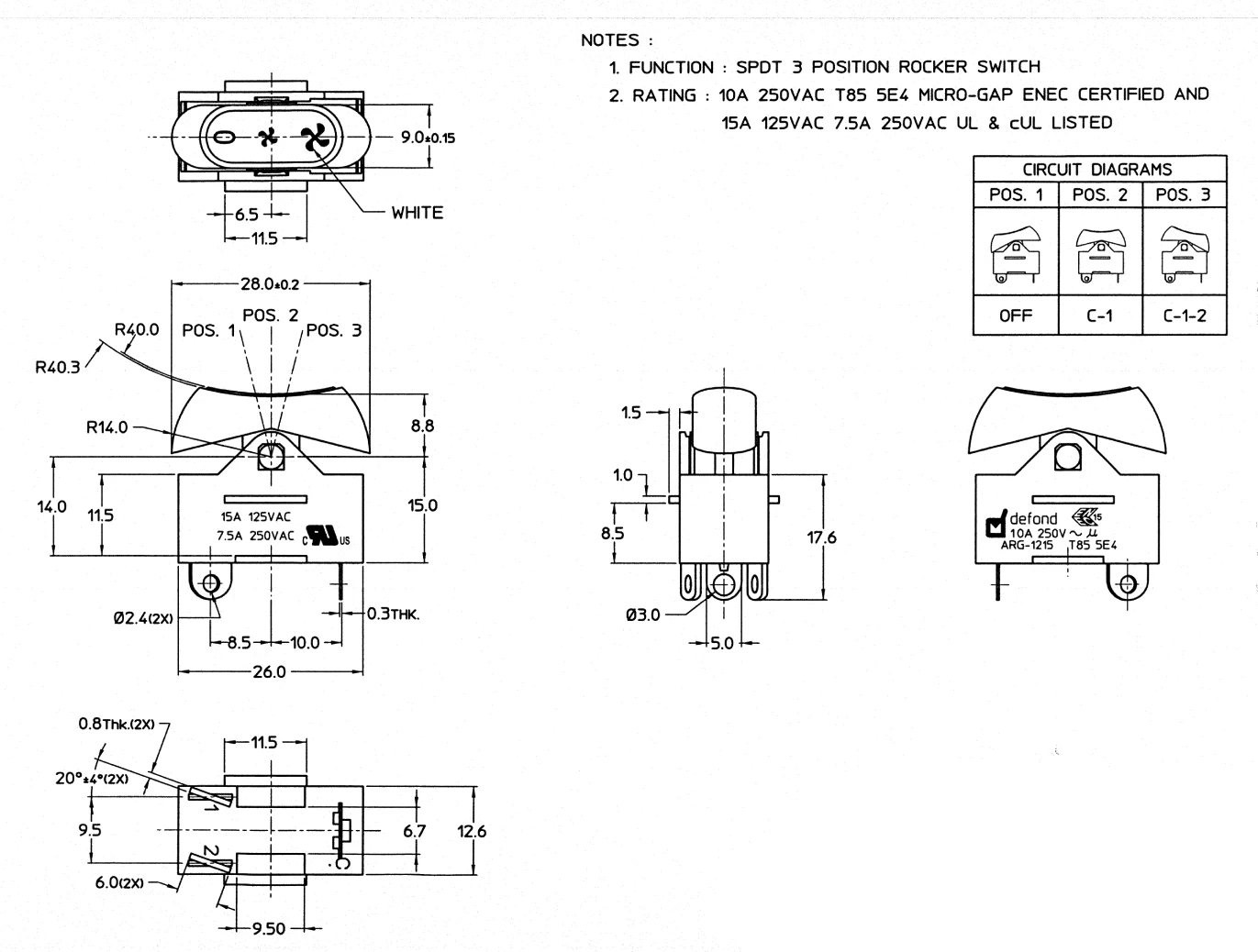Defond ARG-1215B-P-JKS34-85R SPDT 3 position hair dryer switch 10A 250 T85 5e4 15a 125vac 7.5a 250vac 3 way rocker switches