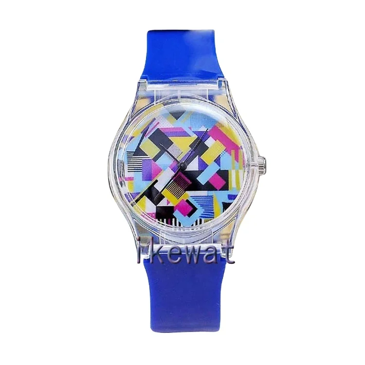 Lady vogue custom beautiful printing dial face transparent case plastic watch