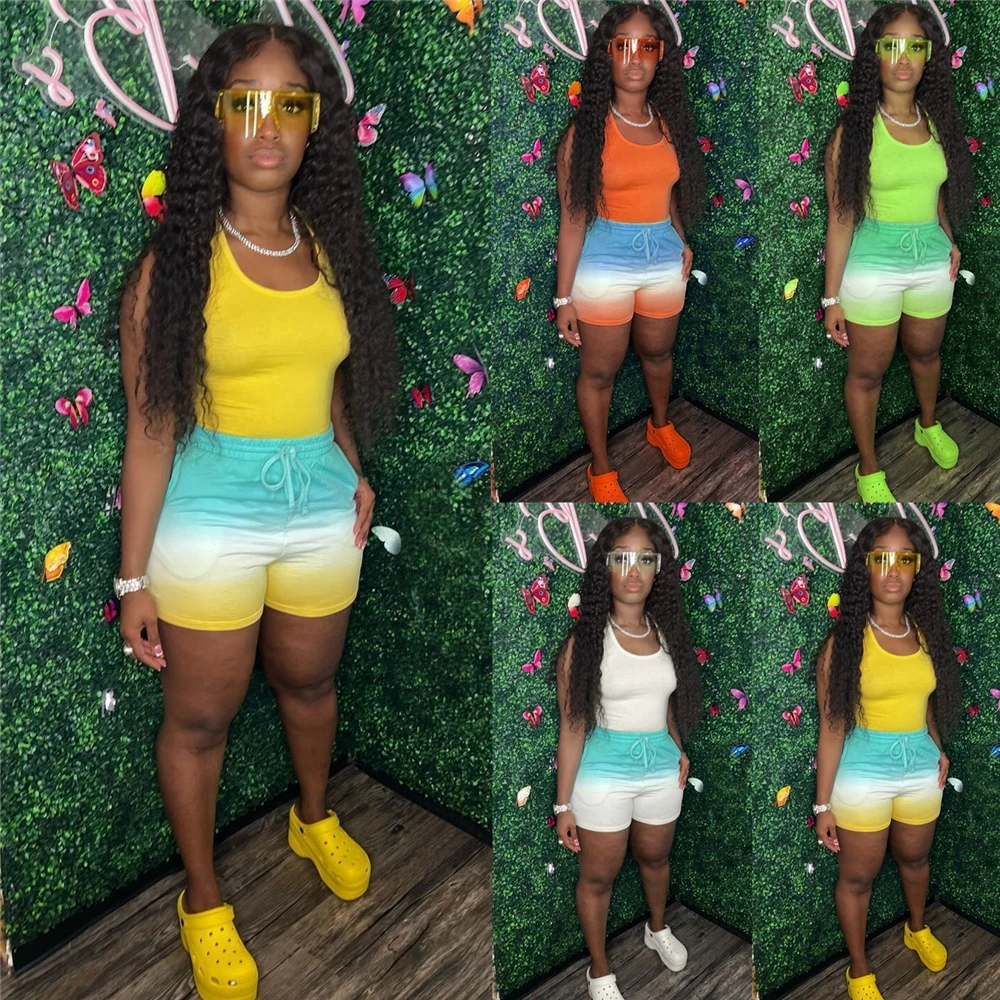 EB-2022051702 2022 Summer Clothes Women Sets Two Piece Night Club Wear Cropped Tank Tops Pants Tie Dye Outfits 2 Piece Set Women