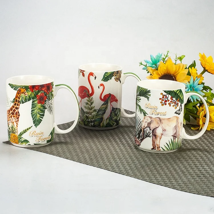 Custom elephant print fully wrapped ceramic wholesale porcelain mugs