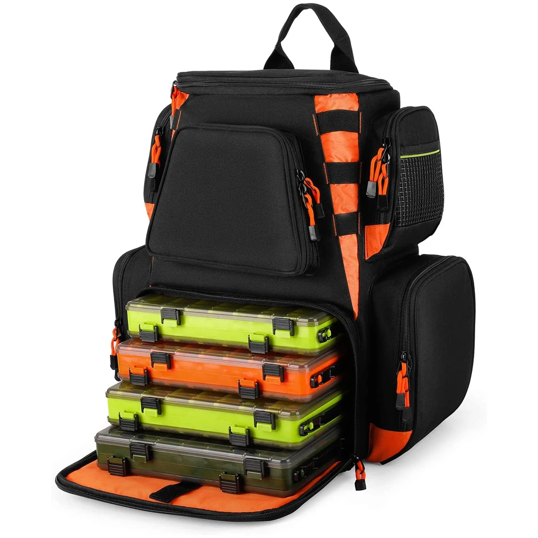 Fishing Tackle Backpack with 4 Trays Tackle Boxes Storage Bag 25L Water Resistant with 2 Rod Holders and Protective Rain Cover