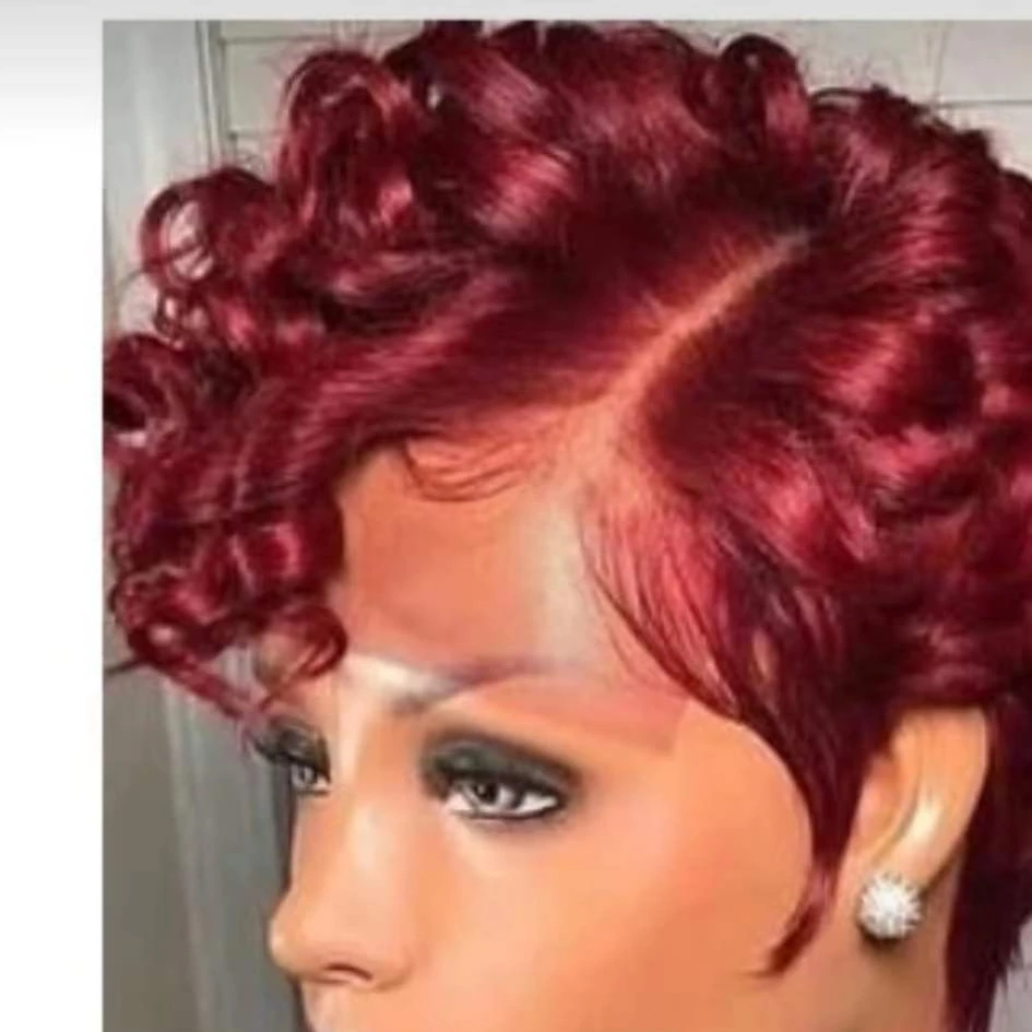factory wholesale human hair ekliragenuair cheap pixie cut wig hot selling pixie  99j# red color13*1*4 lace frontal wig