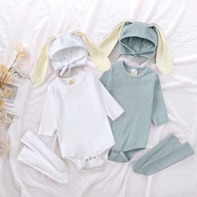 Easter Day Newborn Solid Knit Romper Socks Rabbit Hat 3 Piece One-Piece Suit Long Bunny Ear Ribbed Bodysuit