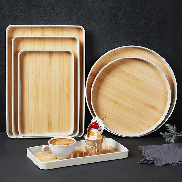 Free Sample Bamboo Pattern Resin Round Rectangular Tea Table Accessories Tray Set