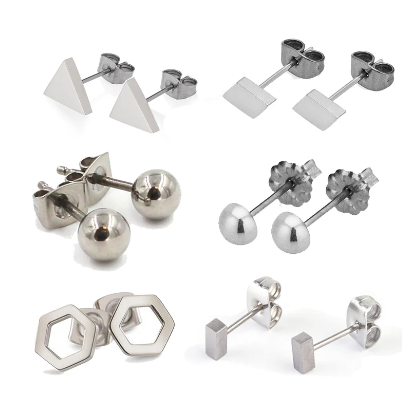 Wholesale Custom Geometric Stud Earrings Set Triangle Bar Square Hexagon Round Ball Shape Pure Titanium Earrings Including Backs