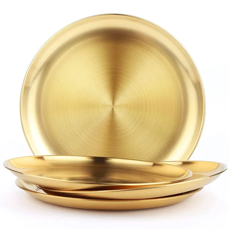 17cm 6.7inch Customized Logo Gold Feeding Plates For Kids Stainless Steel Round Dinnerware BBQ Tray