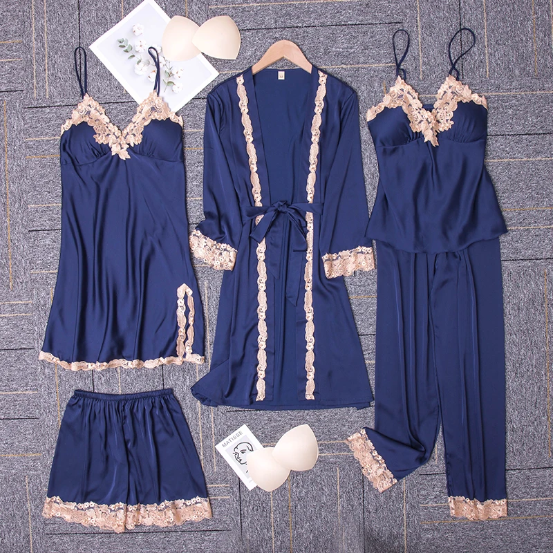 Регулируемый плечевой ремень совместных слегка эластичная ткань мягкая на ощупь эластичная пятно 5 шт. комплекты пижамы с кружевным краем