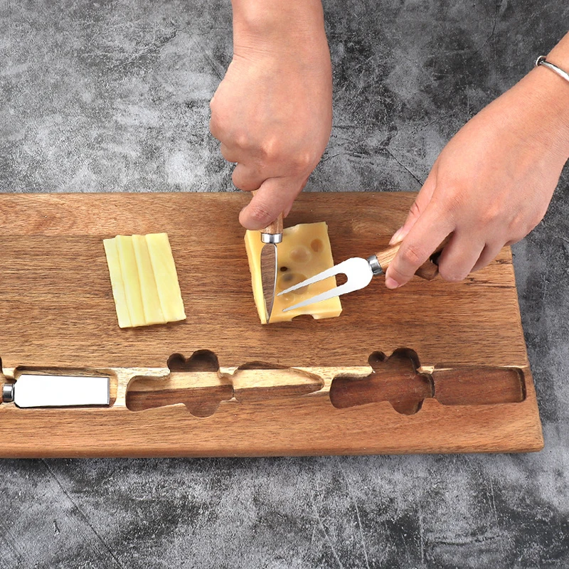 Acacia Wood Cutting Board Wooden Kitchen Chopping Boards for Cheese Bread Vegetables Wood serving Cheese Board with 3 Knife Set