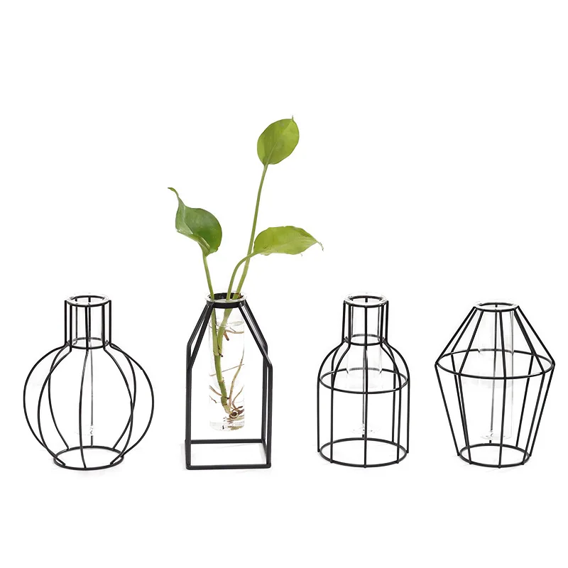 Wholesale Nordic style simple geometric iron art transparent glass hydroponic vase living room home decoration vase