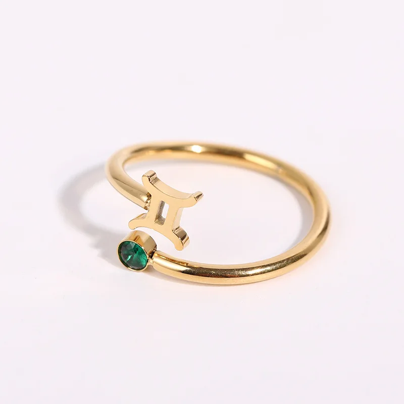 Waterproof 18K PVD Gold Plated Cubic Zirconia Layer Stainless Steel Constellations 12 Zodiac Brirthstone Adjustable Rings