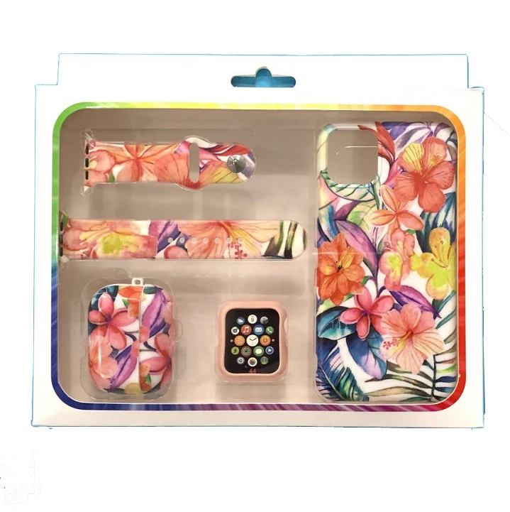 4 in 1 Sets Gift Box Packing Fashion Soft tpu watch band face case+phone case+earphone case for apple iwatch bands