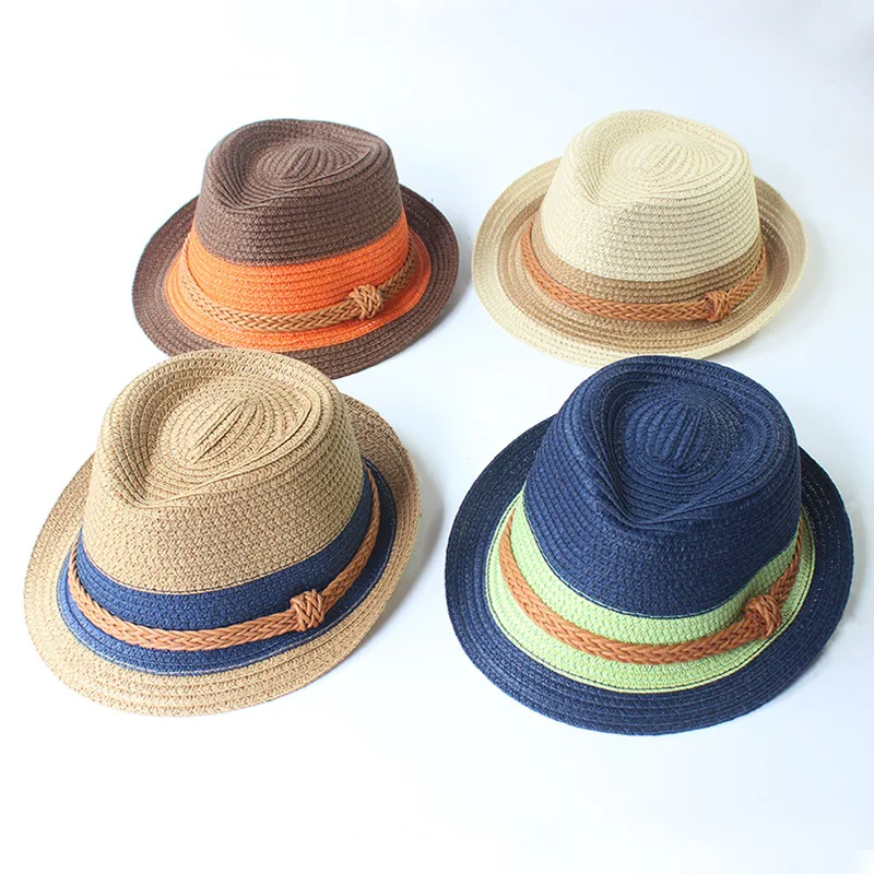 Fashion Women Short Brim Parent-Child Summer Travel Jazz Cowboy Color Matching Floppy Fedora Straw Beach Cap Hats