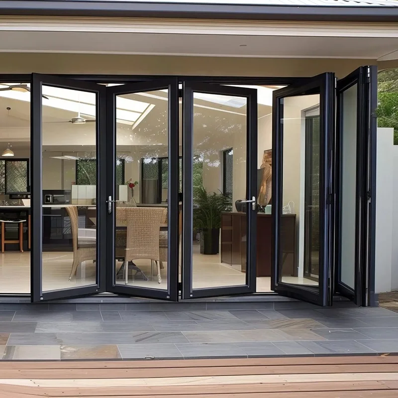 Foshan Supplier Windproof Accordion Tempered Glass Door Black Patio Doors Bifold Fold Door