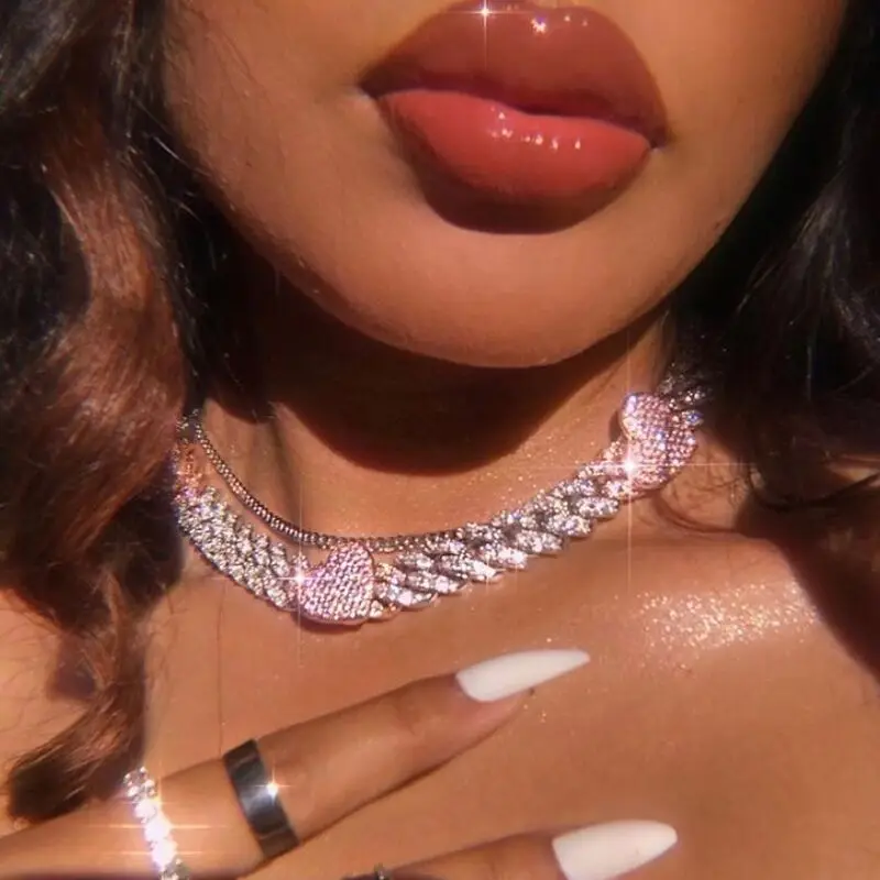New Cuban Heart Choker Women Crystal Heart Cuban Link Chain Necklace Rapper Bling Jewelry