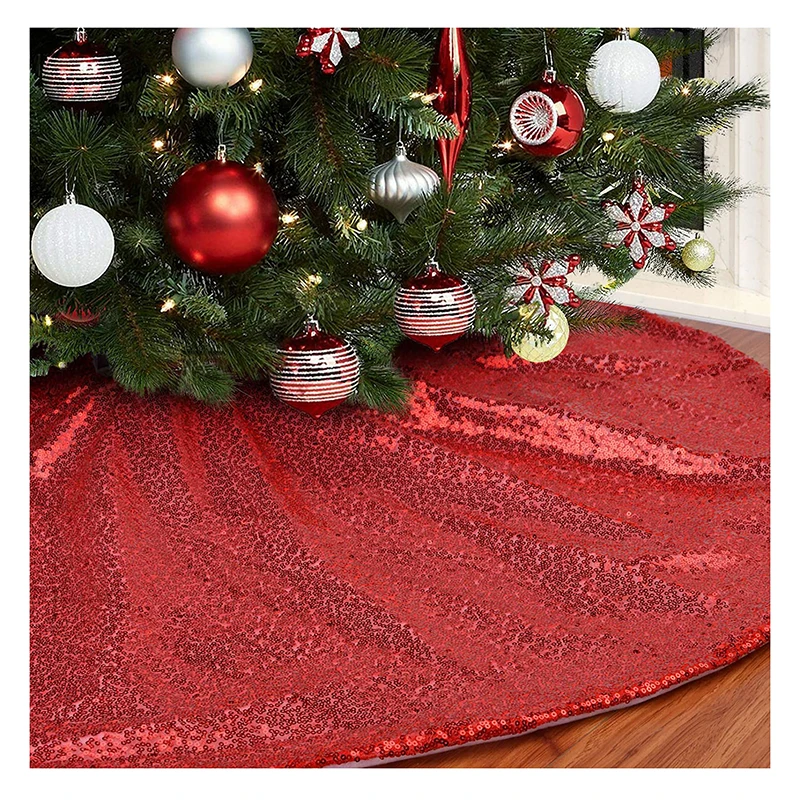 Double Layers Red Sequin Glitter Christmas Tree Skirt Xmas Tree Mat for Holiday Party