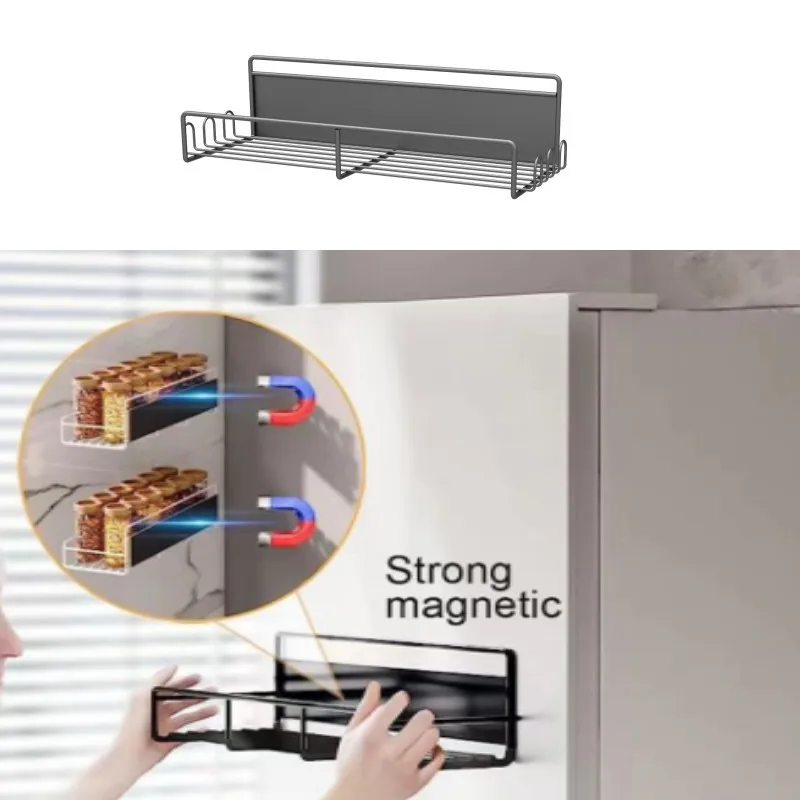 4 Pack Metal Fridge Shelf Magnetic Spice Jars Rack Seasoning Organizer for Cabinet Refrigerator Microwave Oven with 20 Hooks
