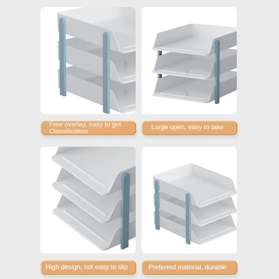 Multi layered stackable desktop with A4 paper file storage rack, book storage rack