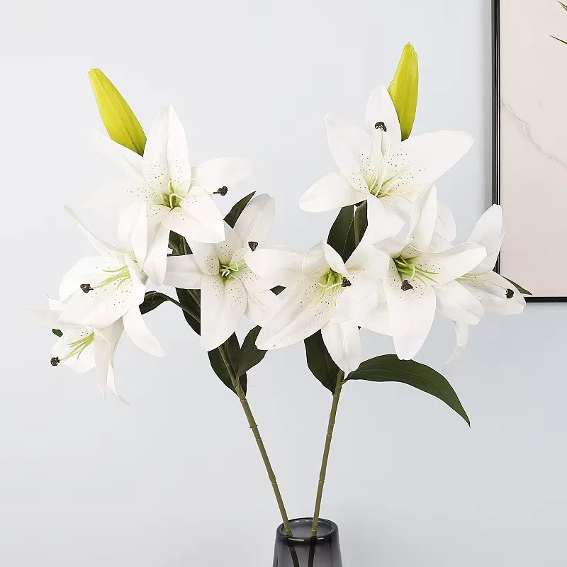 Hot Selling PU 5 Heads White Pink Natural Touch Artificial Lily Wedding Flower For Home Party Decoration Table Center Piece