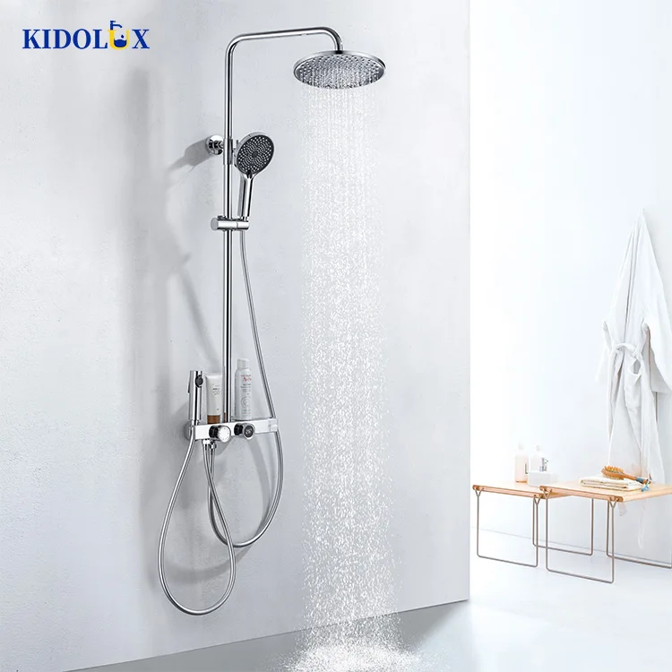 Italian Brass Digital Display Wall Mounted Chrome Finished 4 Way Shower Mixer Shower Bathroom Set With Bath Faucet