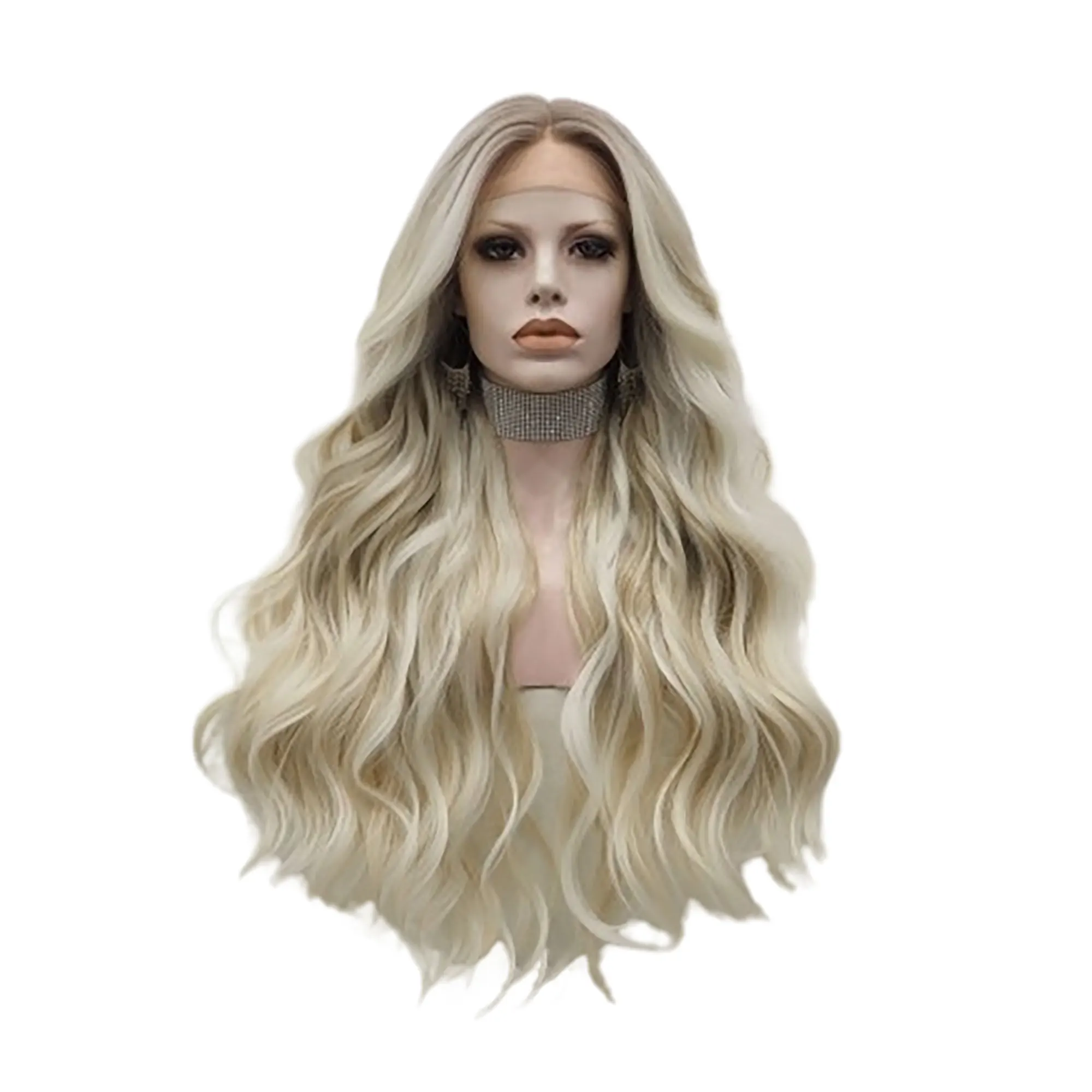 Heat Resistant Ombre Wavy Wigs Black Brown Blonde Middle T Part Cosplay Synthetic Wigs with Bangs For Women Long Hair Wigs
