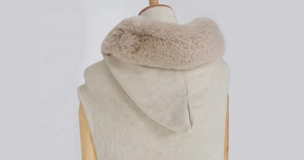 
Winter Knit Cashmere Woman Vest Faux Fur Trim Poncho Hooded Scarves Shawls With Tassels 