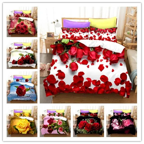 3D Digital Duvet Cover Flower Red Rose Luxury Bedding Sets Collections 100% Microfiber Printed Bed Sheets With Pillow Covers