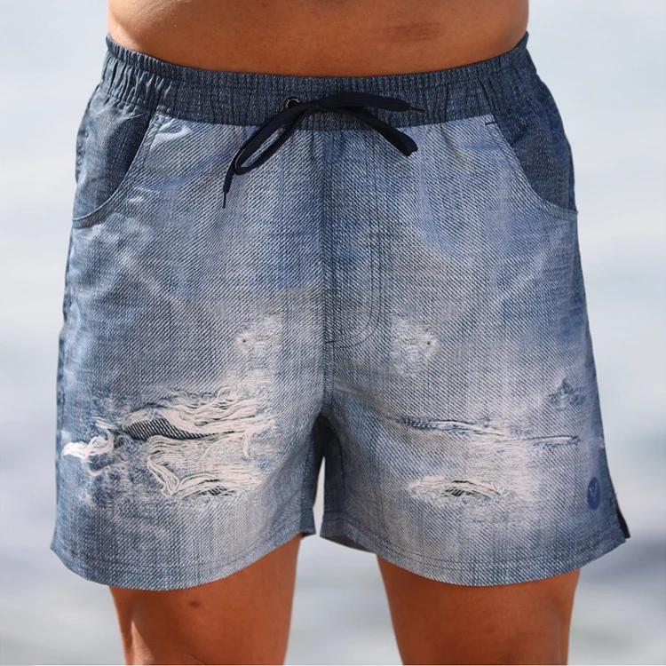 Wholesale quick dry denim board shorts custom printed mens beach trunks with pocket