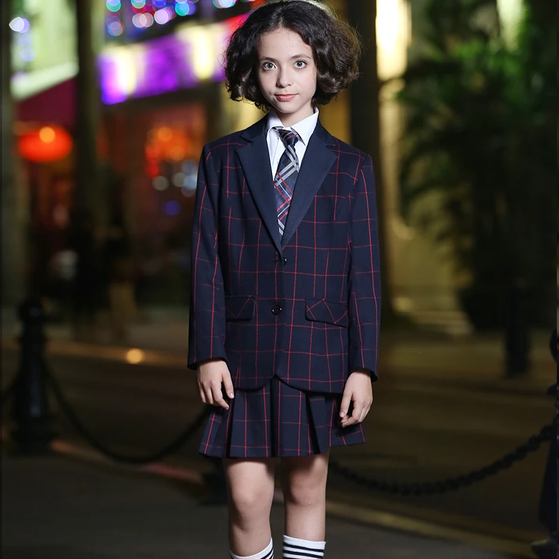 
Демисезонная клетчатая униформа для детей и девочек начальной школы для детского сада комплект из двух предметов Блейзер и платье 