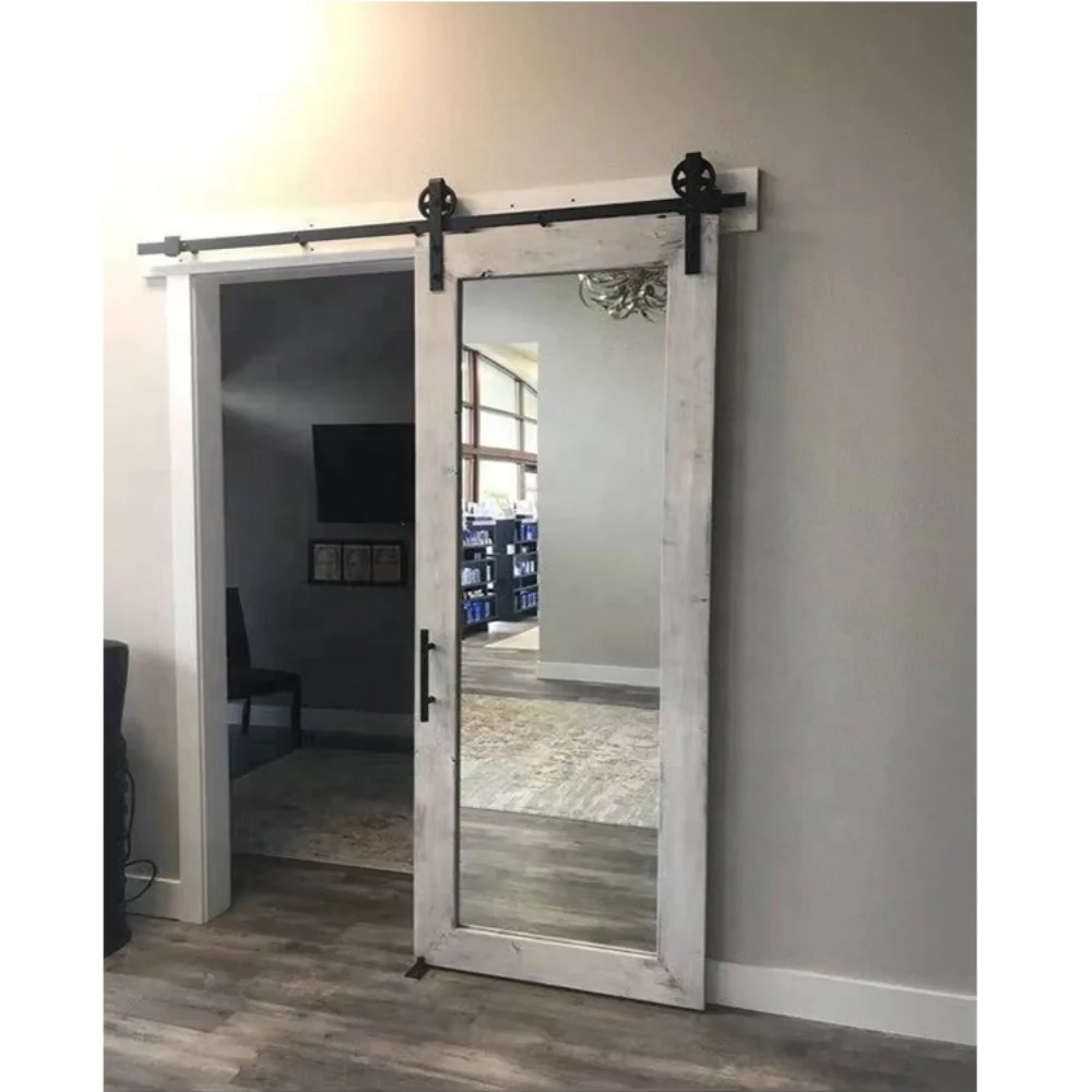 Elegant Mirror Wood Door Grey Painted Interior Bedroom Sliding Mirrored Barn Door With Hardware