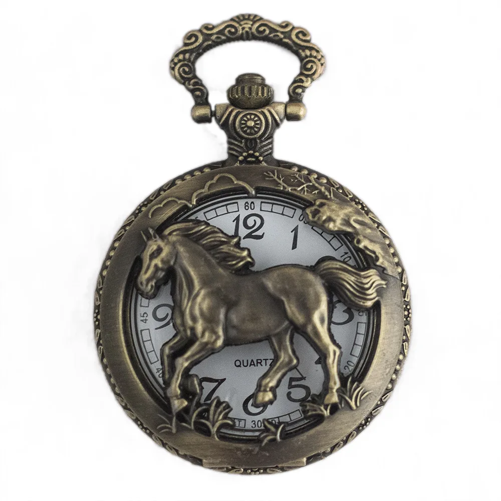 Retro Bronze Hollow out Horse Case Design Quartz Pocket Watch with Necklace Chain Gift for Birthday Christmas