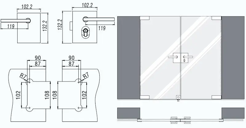 Stainless steel security pivot glass door lock with pull handles 8-12mm tempered glass door lock office casement swing door lock