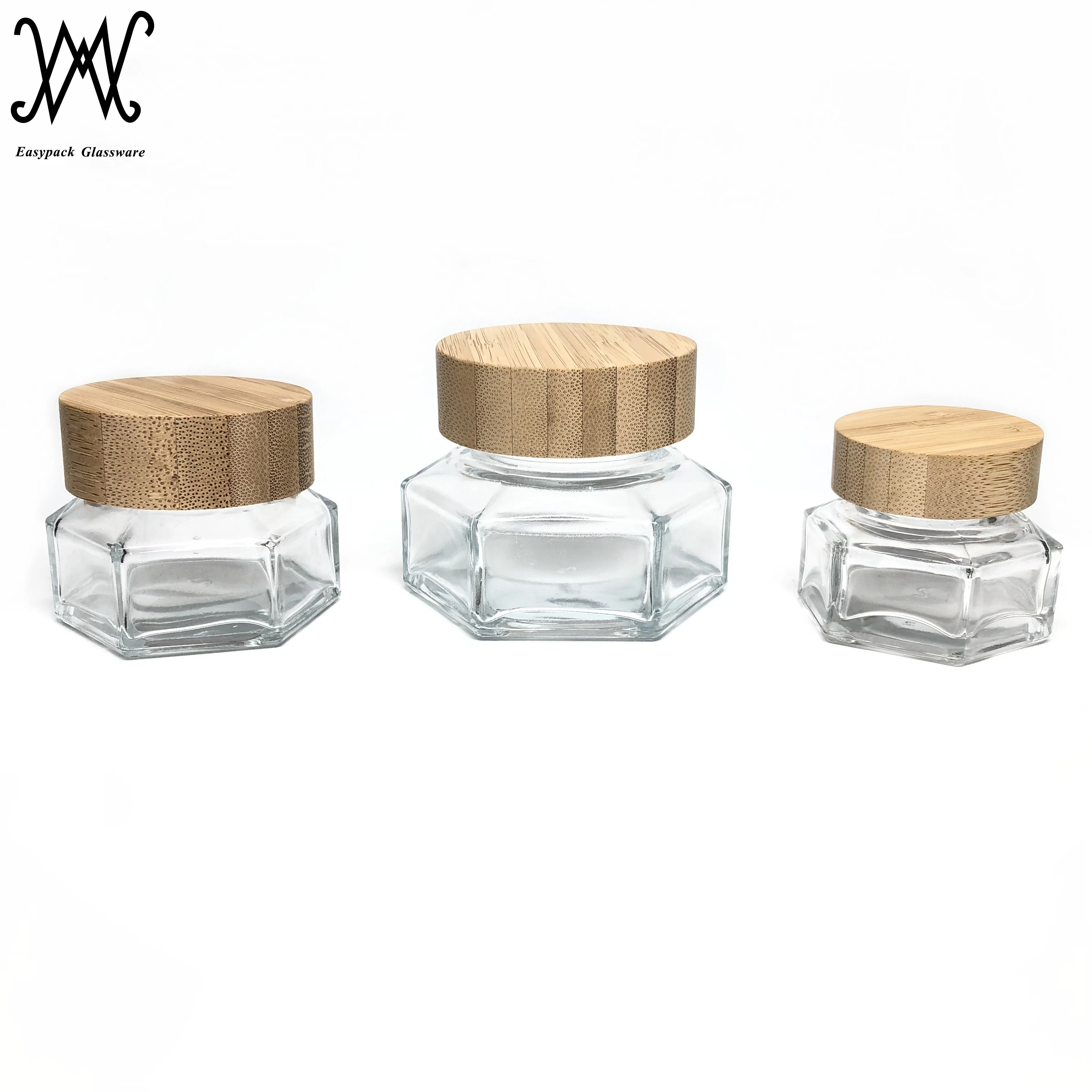 mini glass hexagon jars with wooden screw lids for honey jam cosmetic cream