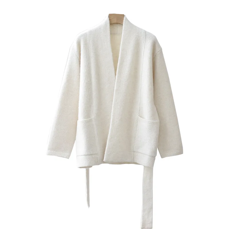 Factory wholesale wool alpaca Cardigan with belt women long sleeve soft hand Knitted Jacket Fall Winter Warm Coat for Ladies