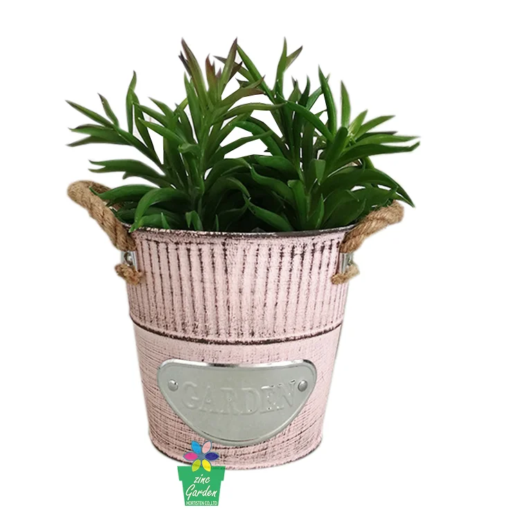 Galvanized zinc oval flower pots cheap deep tray bucket with handle metal succulent pink planter pot for home garden use