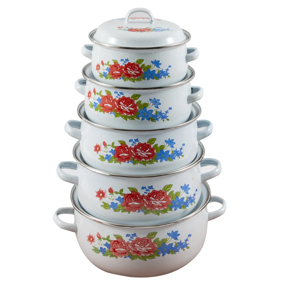 2025 Wholesale Chinese style Home Party enamel  kitchen 16/18/20/22/24CM 5sets Enamel Soup & Stock Pots