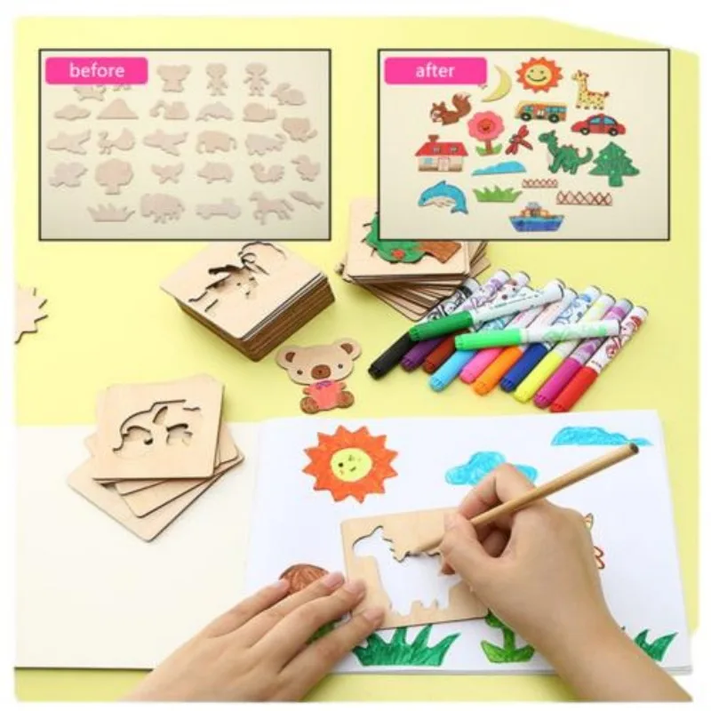 Wholesale Wooden Drawing Stencils Kit Board  Coloring Puzzle Arts Crafts  Educational brain Game Toys