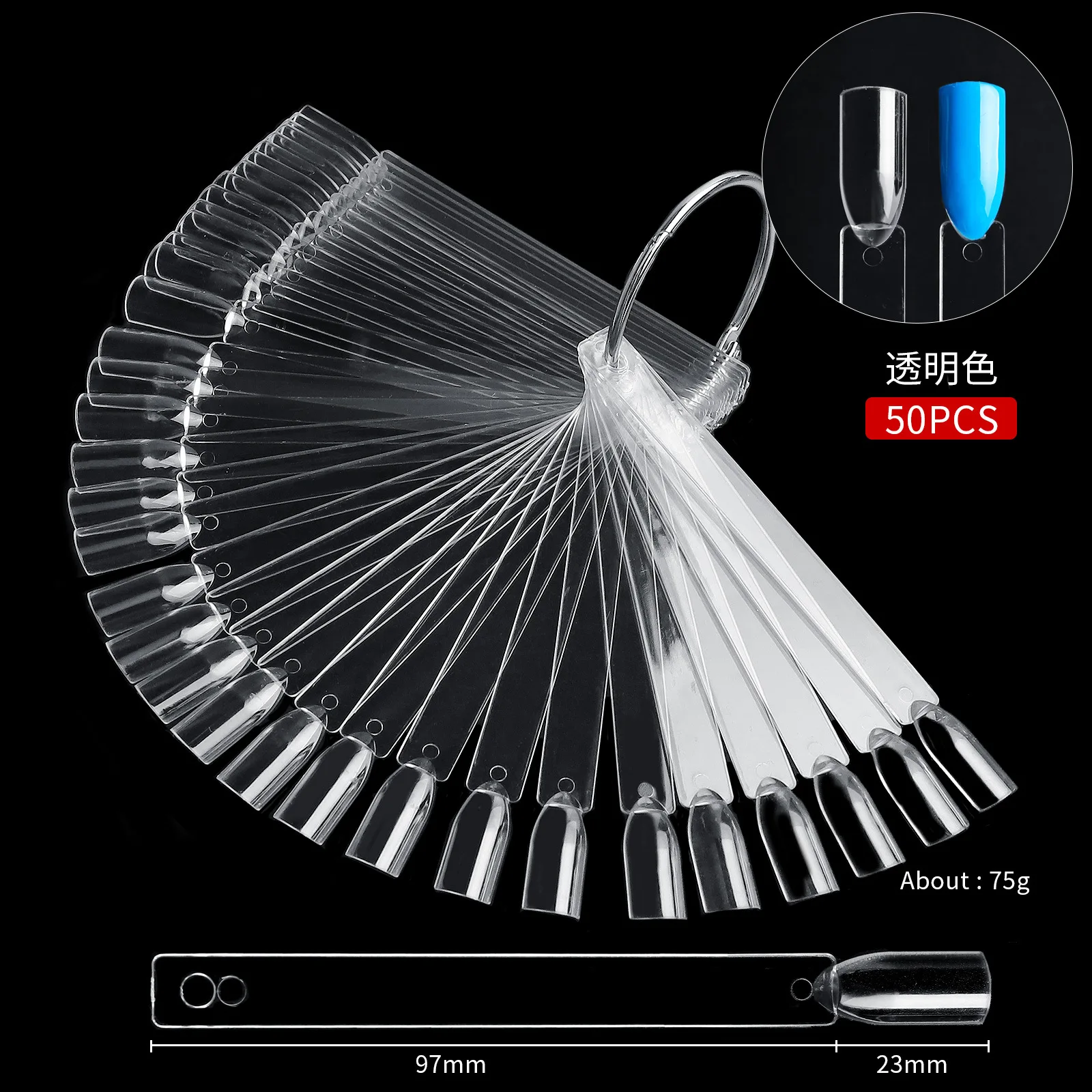 Transparent Plastic Handle Fan-Shaped Nail Art Tips Display Stand with False Nail Sample Sticks and Color Practice Board