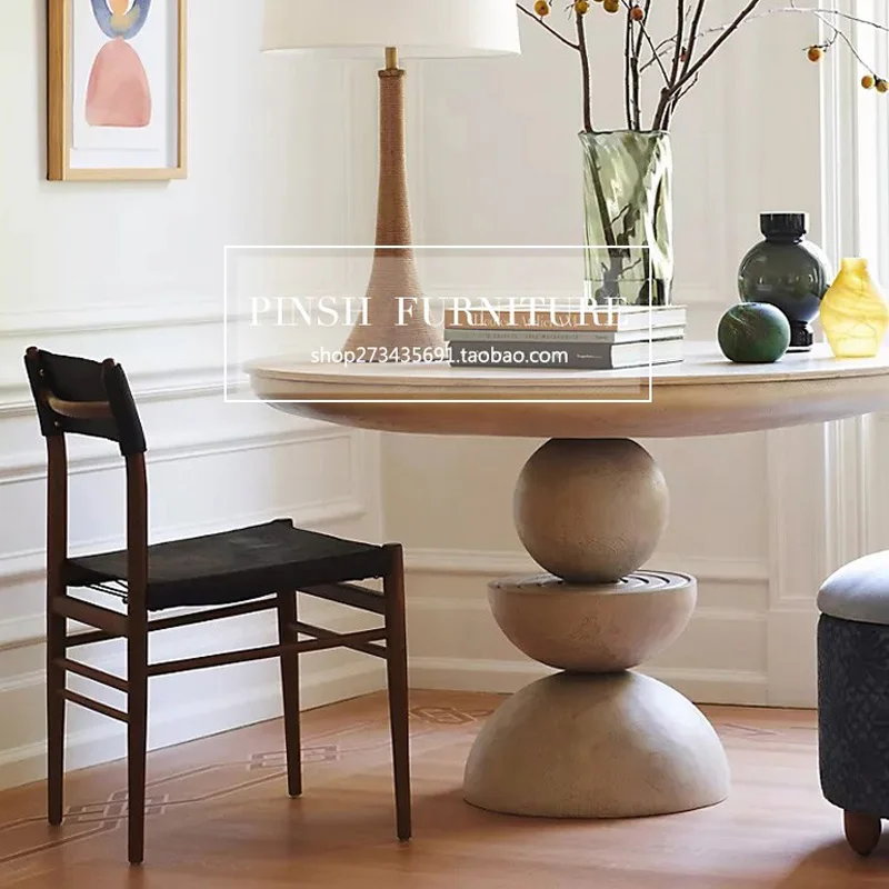 French vintage white solid wood dining table American oak carved round dining table for six people custom dining table