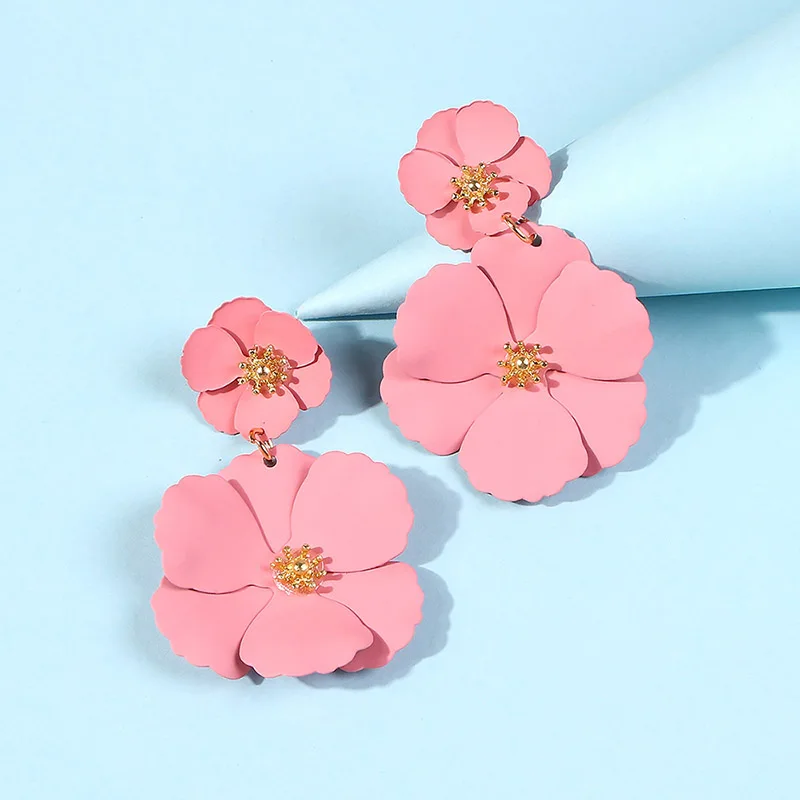 Cheap Wholesale Petal Flower Earrings Multilayer Floral Pendant Drop Earrings Boho 15 Different Colors Painted Earring For Women