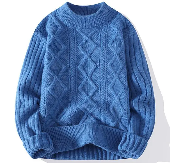 Factory Sale Round Neck Knit Ribbed Jumper Solid Color Thick Cable Cotton Knitted Sweaters For Men