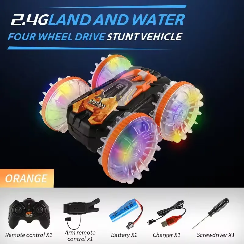 2.4G Remote Control Amphibious Vehicle Luminous Wheels Waterproof Double-sided 360 Rotation 4wd Rc Stunt Car For Kid